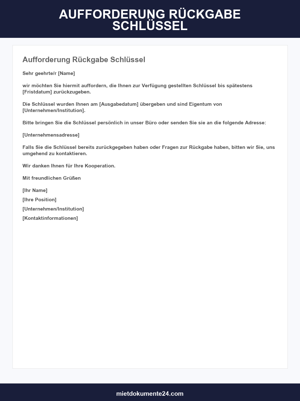 Aufforderung Rückgabe Schlüssel Muster