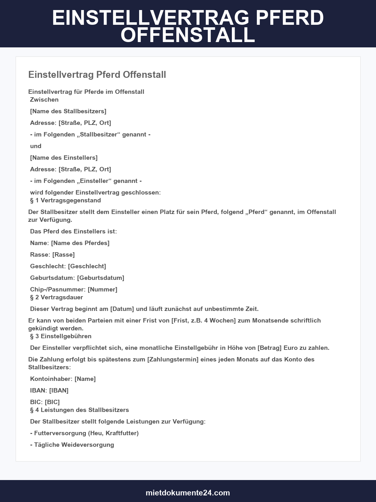 Einstellvertrag Pferd Offenstall Muster