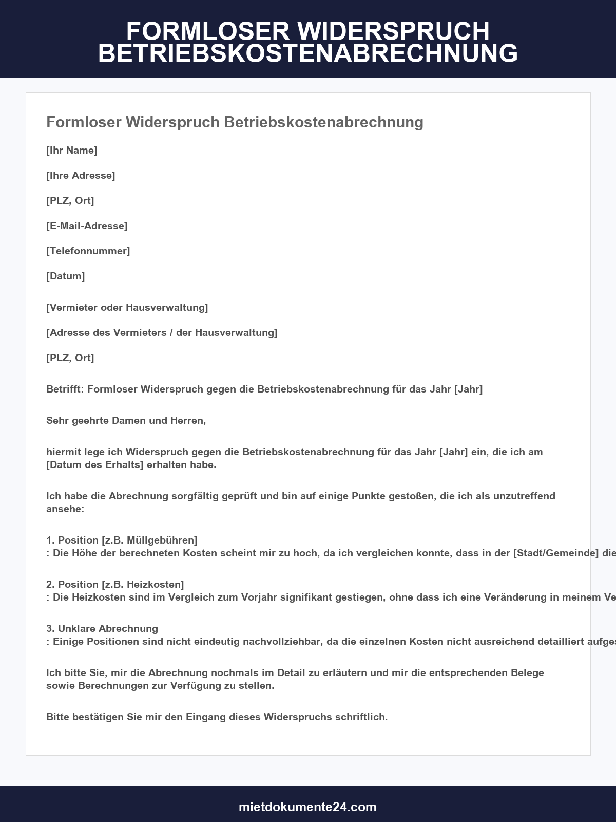 Formloser Widerspruch Betriebskostenabrechnung