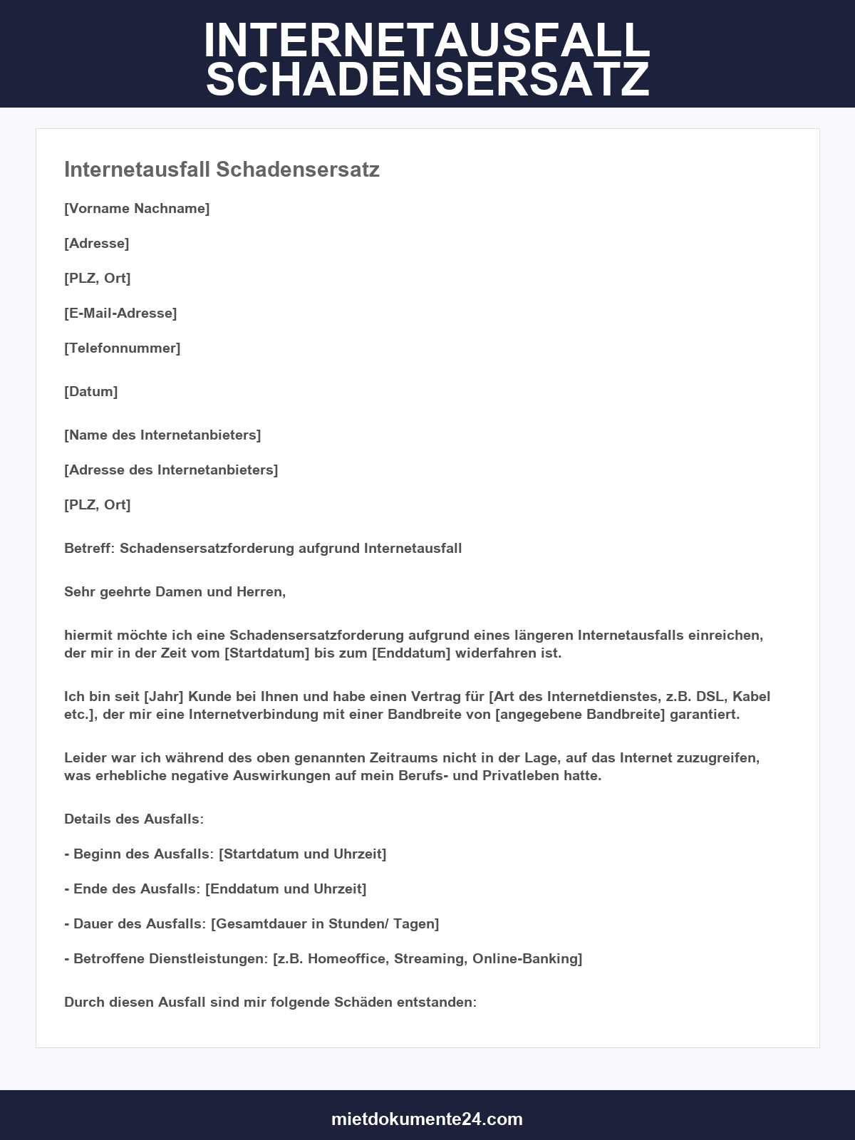 Internetausfall Schadensersatz Musterbrief
