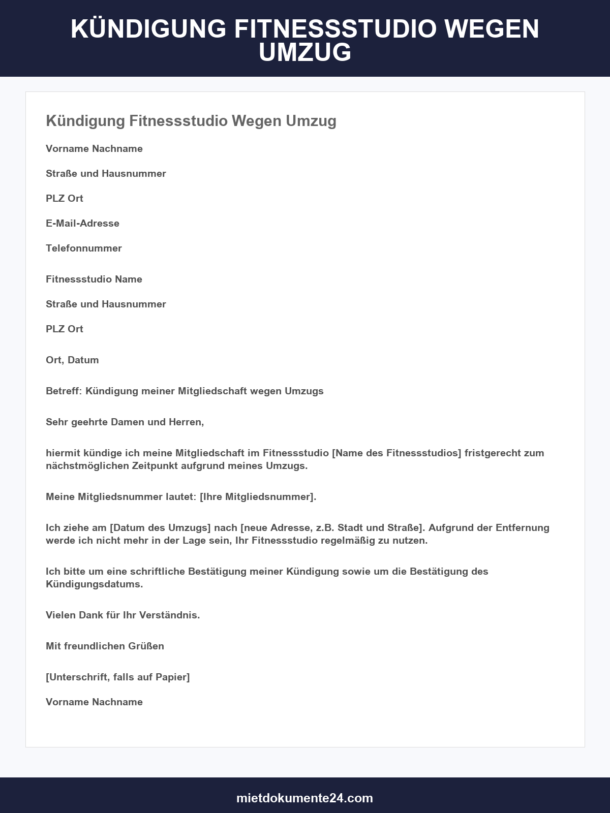 Kündigung Fitnessstudio Wegen Umzug Vorlage