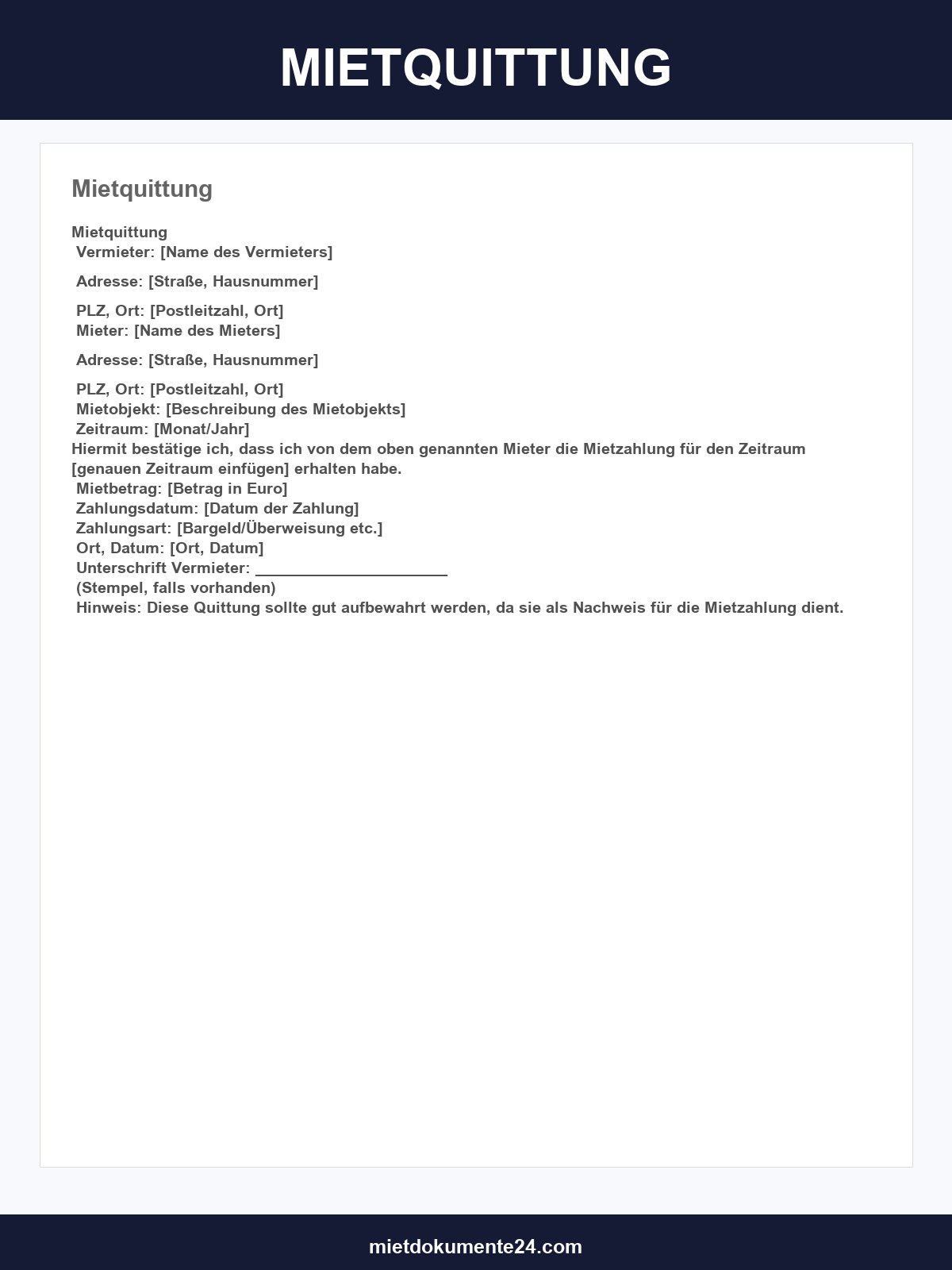 Mietquittung Vorlage