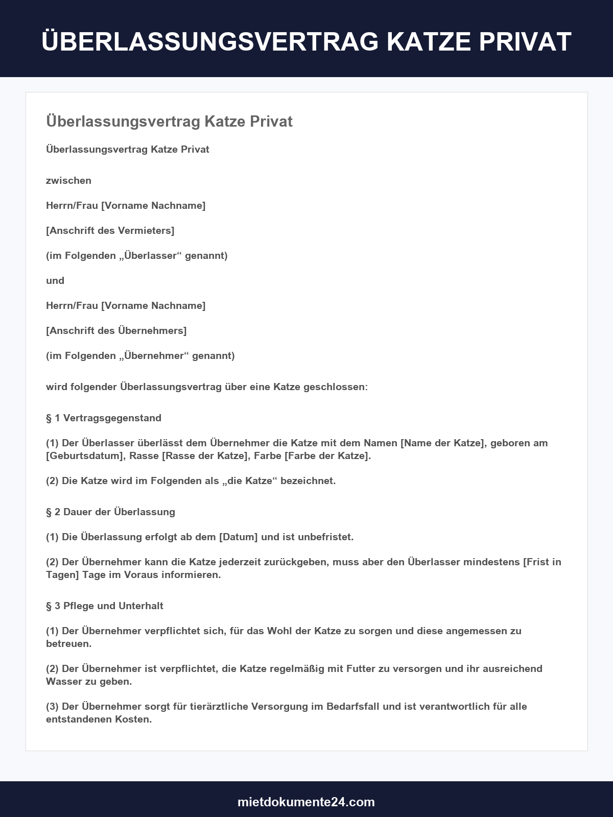 Überlassungsvertrag Katze Privat