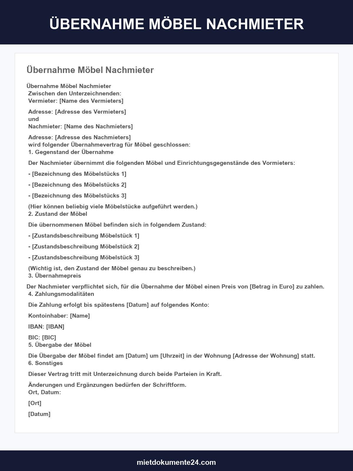 Übernahme Möbel Nachmieter Vorlage