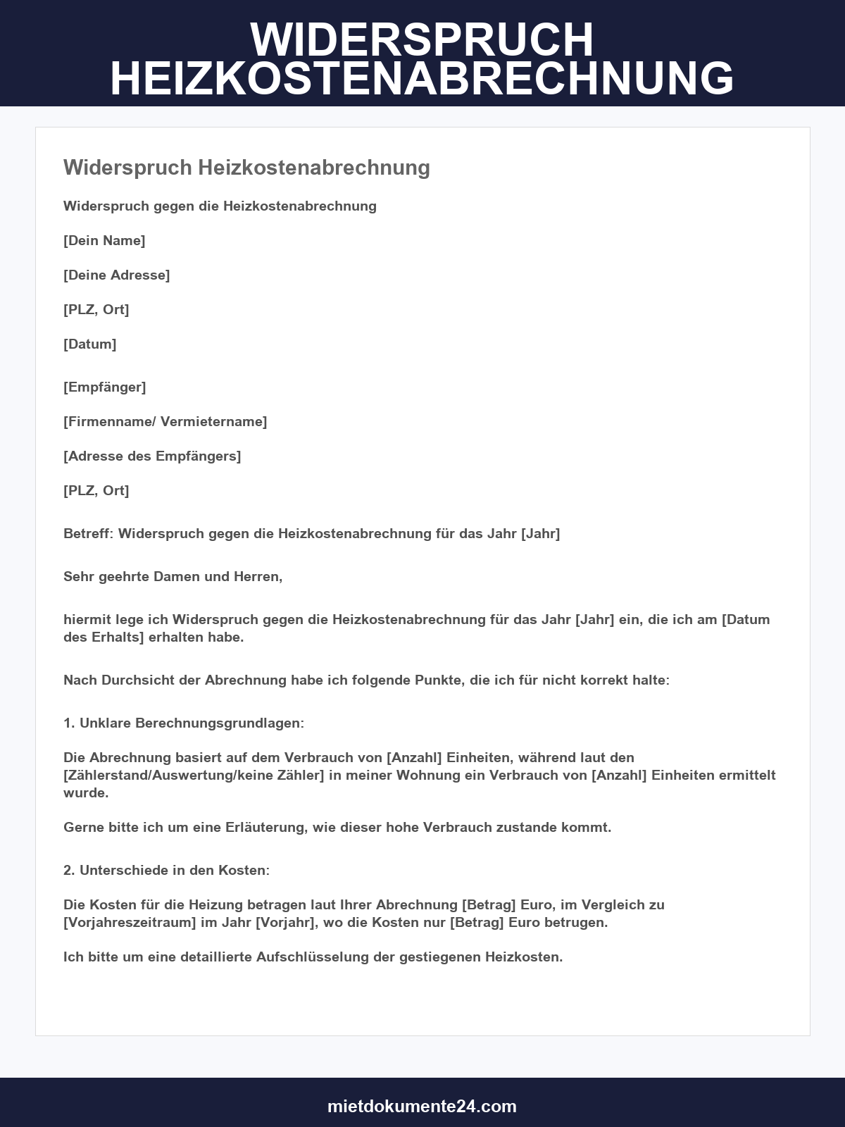 Widerspruch Heizkostenabrechnung Vorlage